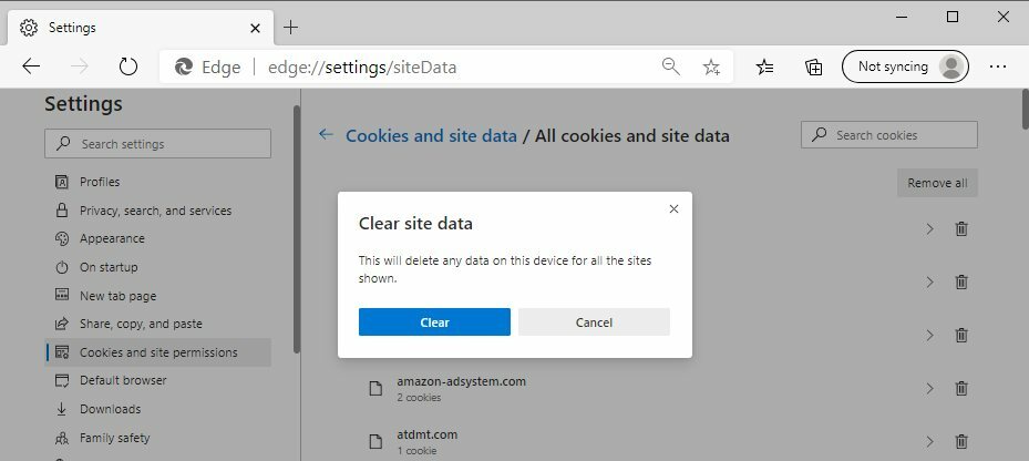 مسح بيانات الموقع في Microsoft Edge