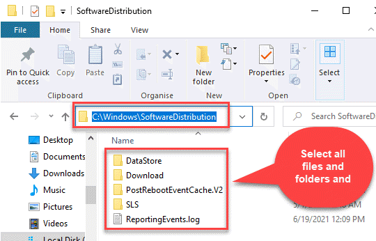 File Explorer Naviger til softwaredistributionsmappe Vælg alle filer og mapper Hit Slet