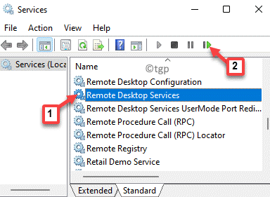 Dienste Remotedesktopdienste Klicken Sie auf das Symbol für den Neustart des Dienstes oben Min