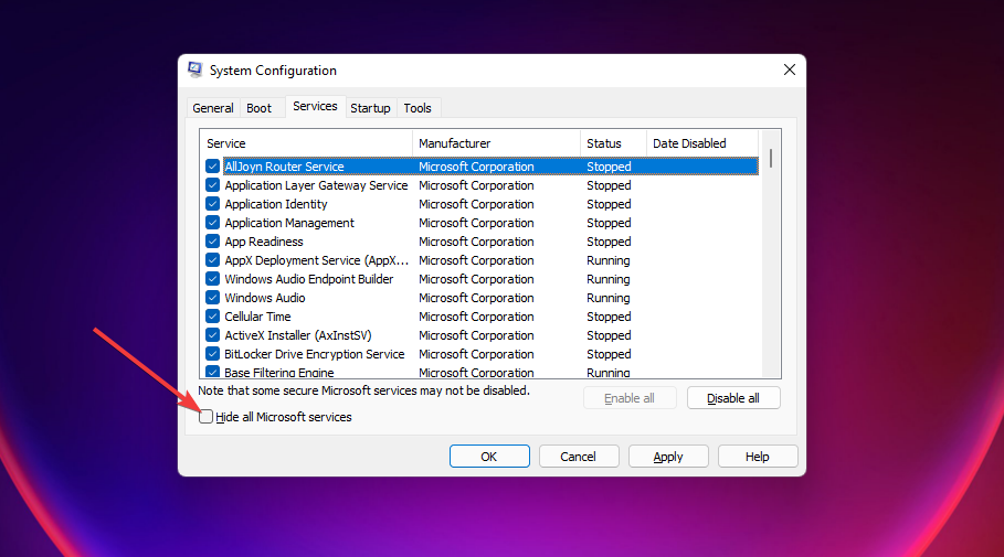 Флажок «Скрыть все службы Microsoft» Windows 11 история буфера обмена не работает