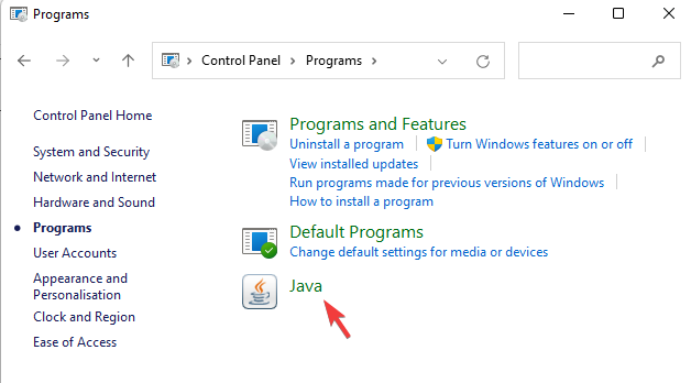 kliknij Java w programach, aby otworzyć ustawienia Java