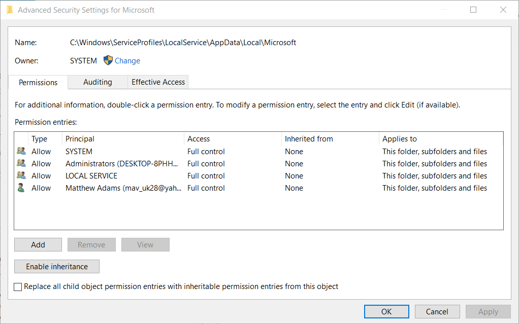 Fönstret Avancerade säkerhetsinställningar Fel 0x80090016 i Windows 10
