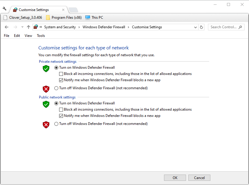 ปิดตัวนับตัวเลือกไฟร์วอลล์ Windows Defender ไม่เชื่อมต่อกับเซิร์ฟเวอร์