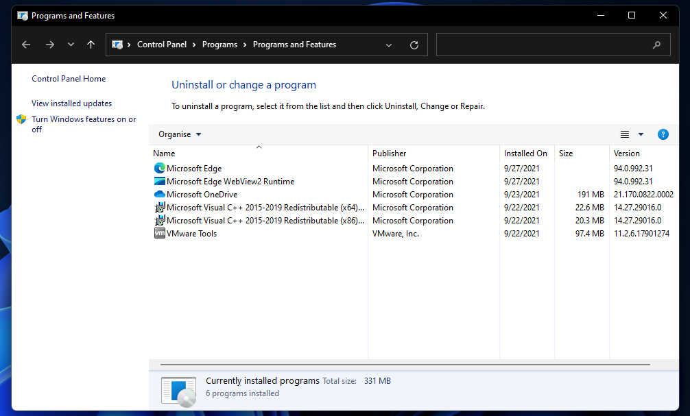 Ohjelmat ja ominaisuudet -sovelman Windows 11 -lentosimulaattoriongelmat