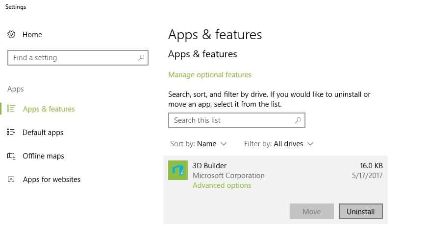 távolítsa el az alkalmazás Windows 10 FCU v1709 alkalmazását