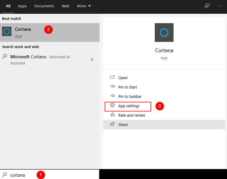 Cortanaアプリ設定最小