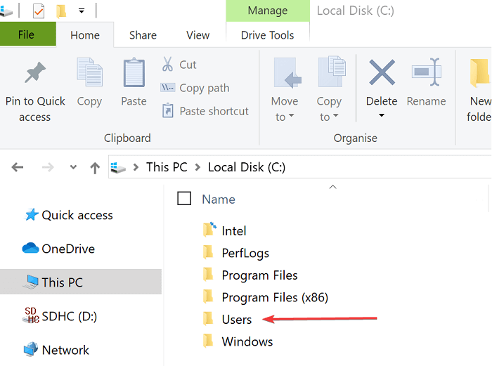 Windows 10 külalisekonto taastamiseks navigeerige külaliskataloogi kohaliku ketta all