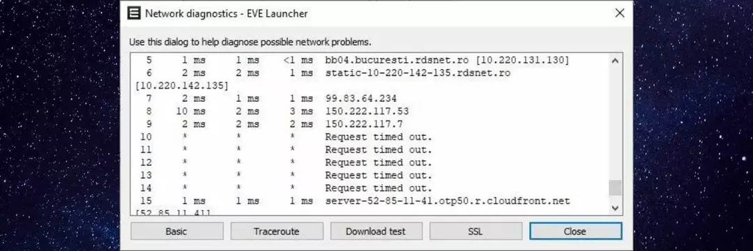 EVE Online netwerkdiagnose traceroute-test