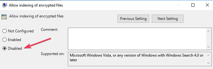 disattiva l'indicizzazione dei file crittografati Windows 10