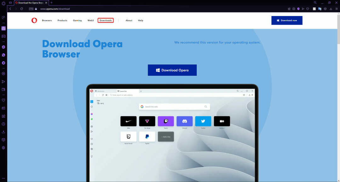Klicken Sie auf der Opera-Homepage auf Downloads.
