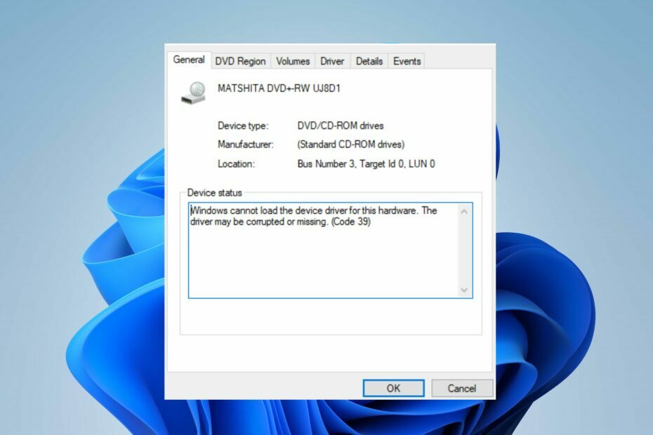 Windows nevar ielādēt ierīces draivera kodu 39