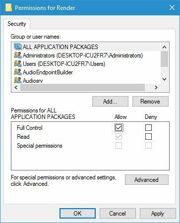 permissões para renderizar dispositivo de áudio está desativado no Windows 10 