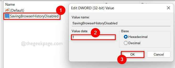 Geben Sie 1 Wert ein unter Speichern des Browserverlaufs deaktiviert Dword 11zon