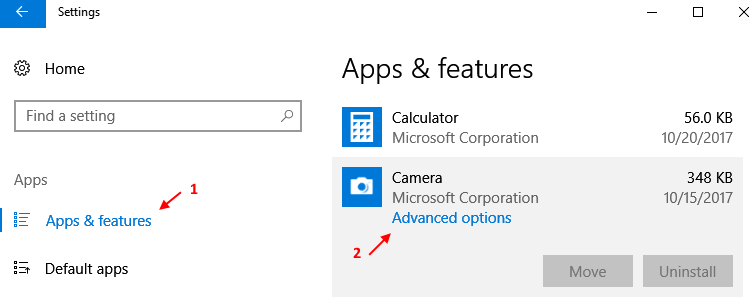 Applications Fonctionnalités Paramètres Windows 10 Caméra Options avancées