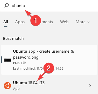 Démarrer - rechercher Ubuntu - cliquer pour ouvrir