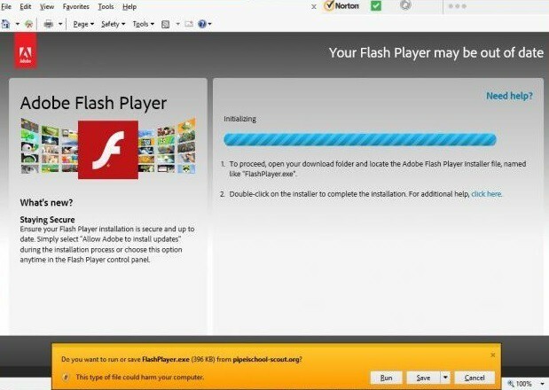 ყალბი Adobe Flash Player განახლება pop-up