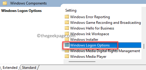 Componentes do Windows Opções de logon do Windows