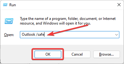 palaist Outlook drošajā režīmā, lai labotu xml nederīgu kļūdu.