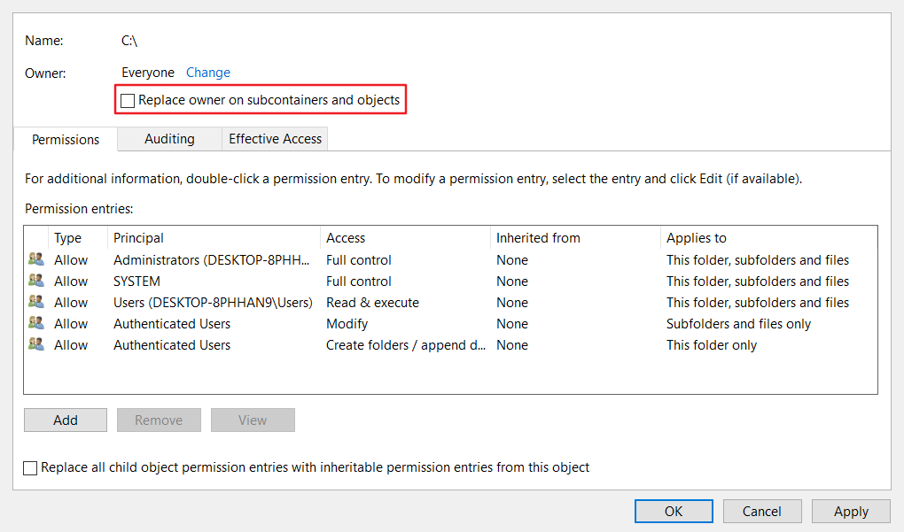 Možnost Nahradit vlastníka u subkontejnerů Chyba 0x80071771 v systému Windows 10