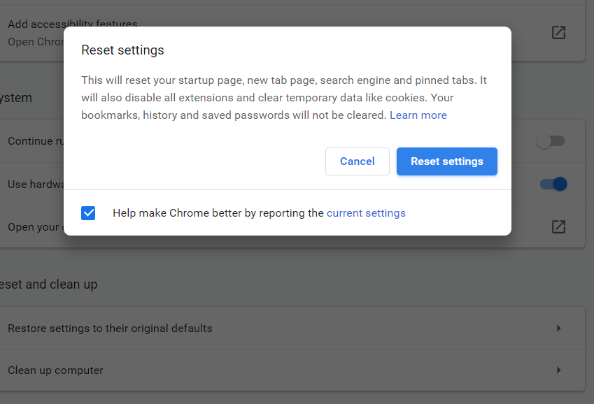 O botão Redefinir configurações erro de atualização do cromo 12 / falha na atualização do cromo erro 12 / falha na atualização do Google Chrome erro 12