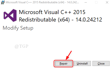 Okno za popravilo Visual C++