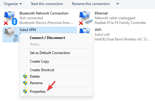 Desnom tipkom miša kliknite VPN u mrežnim vezama i odaberite Svojstva