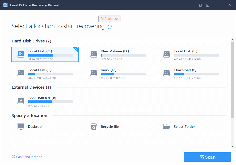 EaseUS Data Recovery Wizard vindue Windows 10 slettede alle mine filer