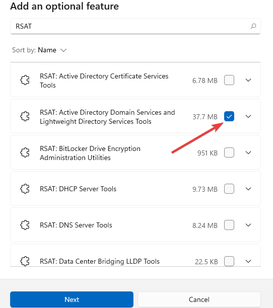 Wählen Sie RSAT Active Directory-Domänendienste aus