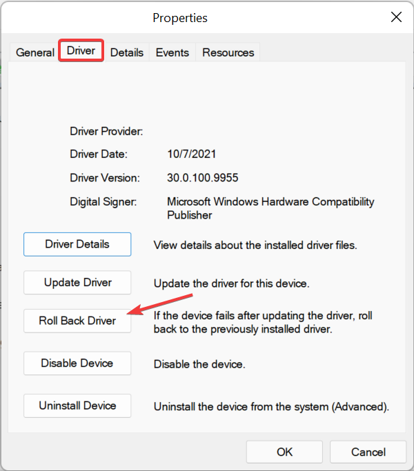 rulla tillbaka drivrutinen för att fixa mobilalternativ som saknas i Windows 11