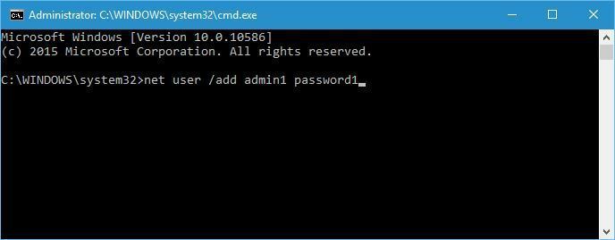 net user / добавить admin1 password1