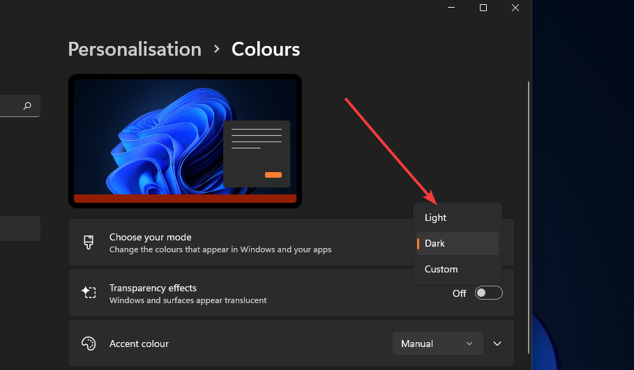 Velg rullegardinmenyen for modus endre farge på oppgavelinjen i Windows 11