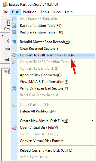 Partitionguru konwertuje mbr do gpt