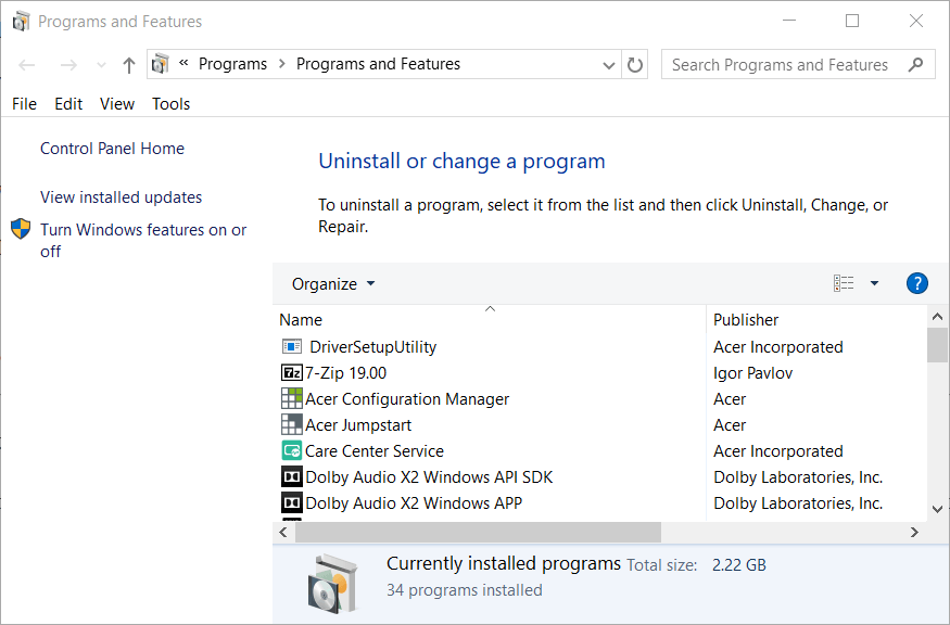 Programmer og funksjoner applet Fix Error 0x800700d8 på Windows 10