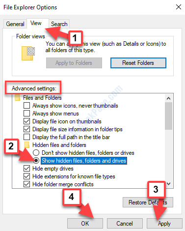 File Explorer Options Vis avancerede indstillinger Skjulte filer og mapper Vis skjulte filer, mapper og drev Anvend Ok