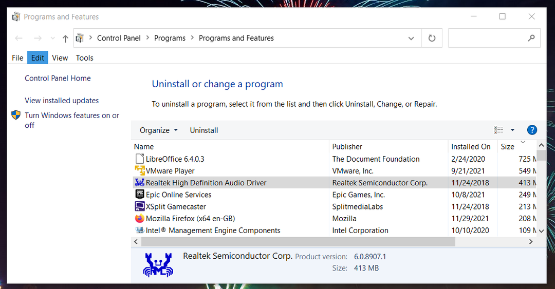 Aken Programmid ja funktsioonid installib rühmapoliitika halduskonsooli Windows 10 