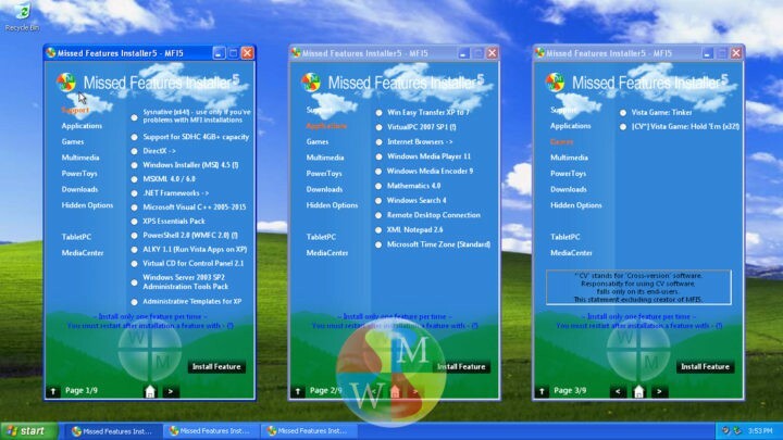 Andke Windows XP-le uus elu rakendusega Missed Features Installer5