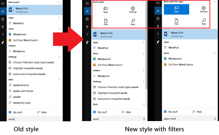 filtros de búsqueda cortana windows 10
