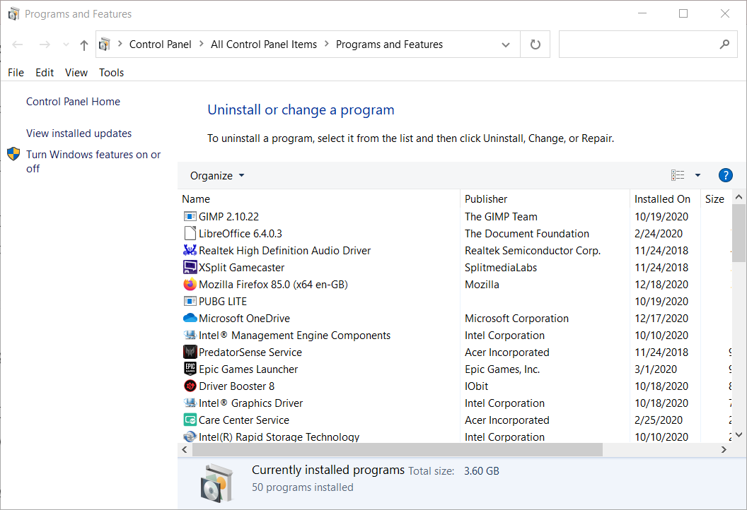 Das Fenster Programme und Funktionen Minecraft öffnet Windows 10 nicht