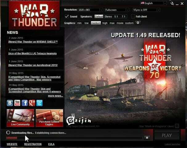 Wyrzutnia War Thunder sterownik wideo War Thunder zawiesił się i został ponownie uruchomiony