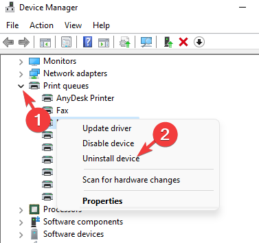 დააწკაპუნეთ მარჯვენა ღილაკით HP სკანერ მოწყობილობაზე Device Manager-ის ბეჭდვის რიგებში და აირჩიეთ Deinstall device