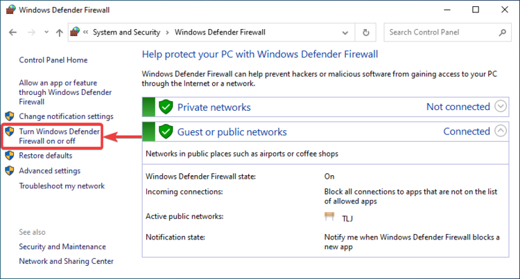 Firewall de Windows muestra Activar o desactivar el Firewall de Windows Defender