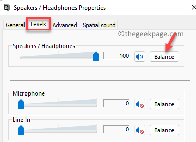 Lautsprecher- oder Kopfhörereigenschaften Registerkarte „Pegel“ Lautsprecher- oder Kopfhörerbalance