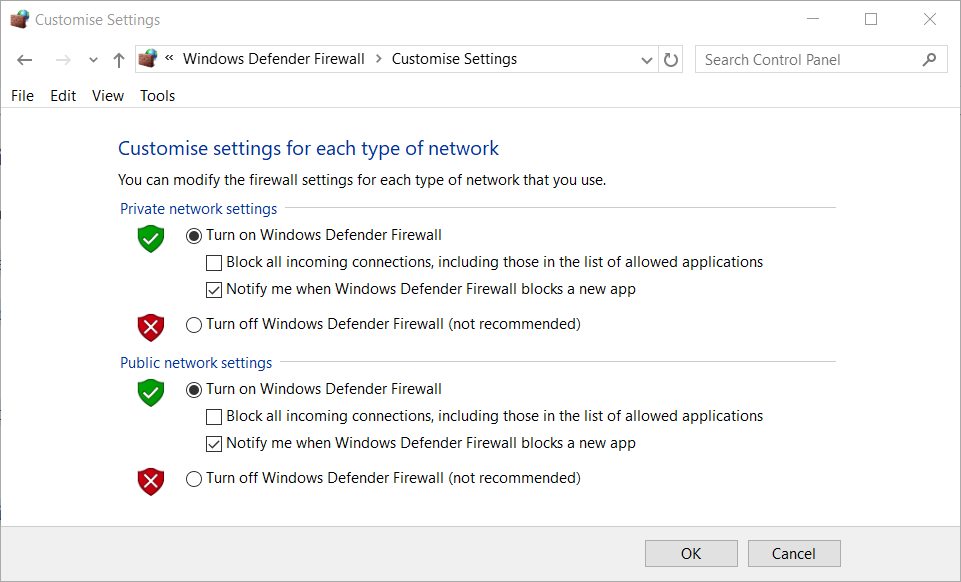 Izslēdziet Windows Defender ugunsmūra iestatījumu virsotnes leģendas netiks palaistas pc