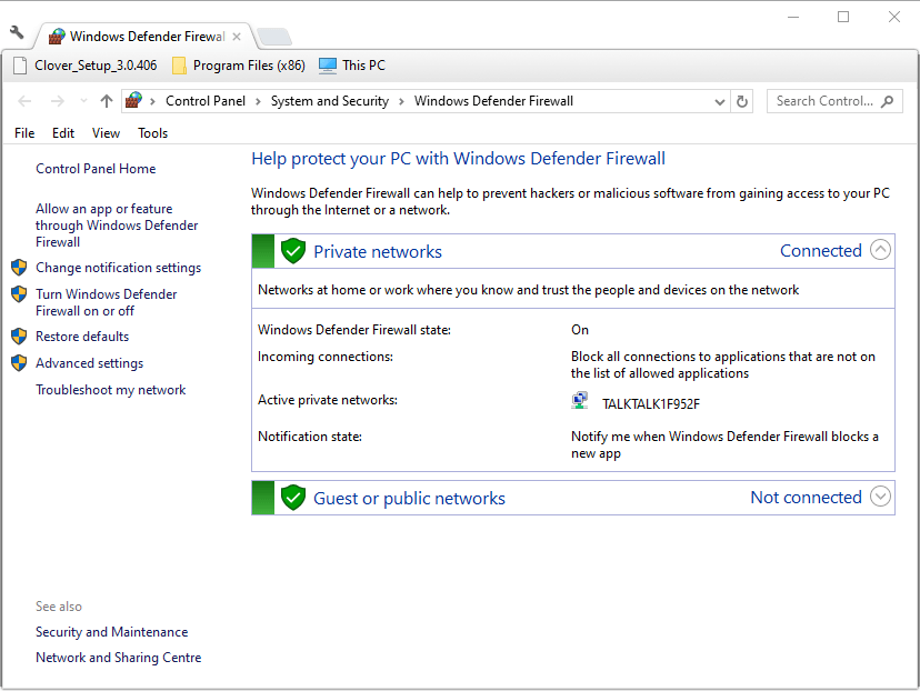 A Windows Defender tűzfal kisalkalmazás nem működik krómban
