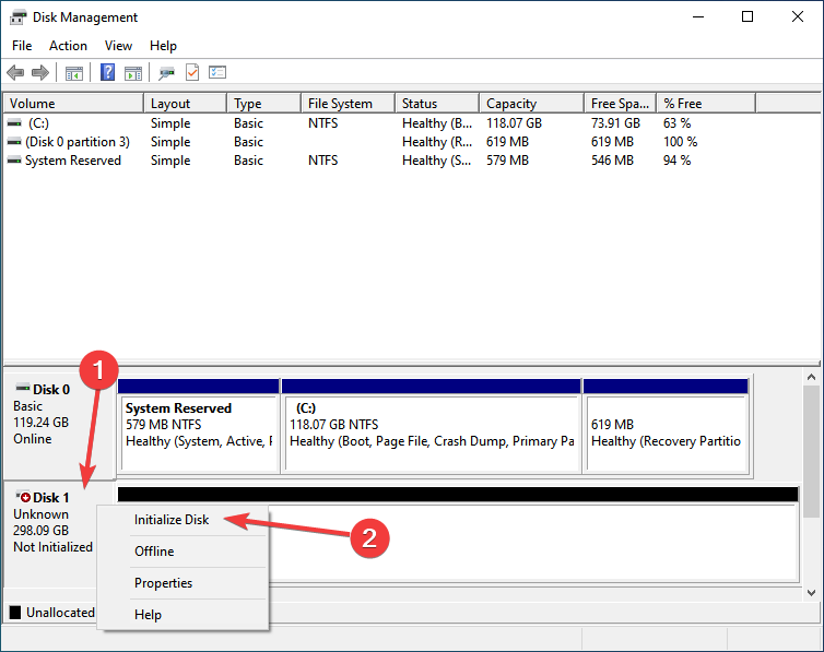 Инициализировать диск, чтобы исправить, что Windows 11 не распознает внешний жесткий диск