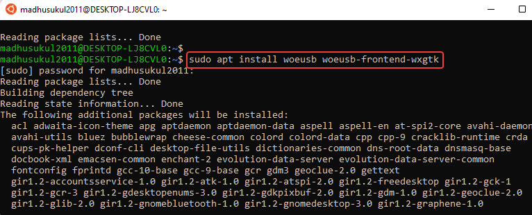 Ubuntu-app - utfør kommando - WoeUSB-installasjon