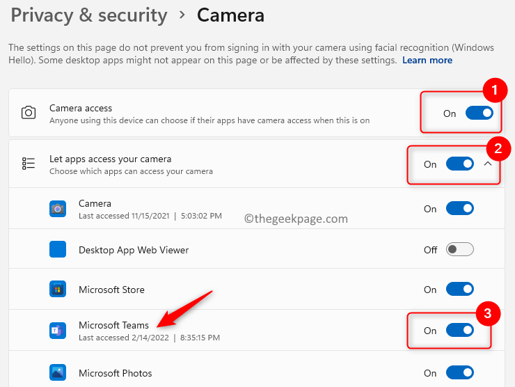 Ochrana soukromí Bezpečnostní kamera Zapnout Přepnout přístup ke kameře Teams Min