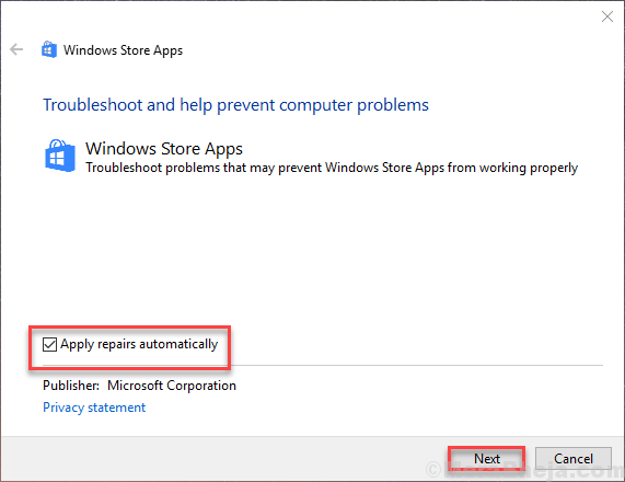Solucionador de problemas da Windows Store Aplicar reparos automaticamente em seguida