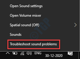 Ikona zvučnika programske trake Desni klik za rješavanje problema sa zvukom