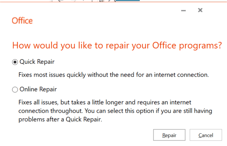 Opción de reparación de Microsoft Office